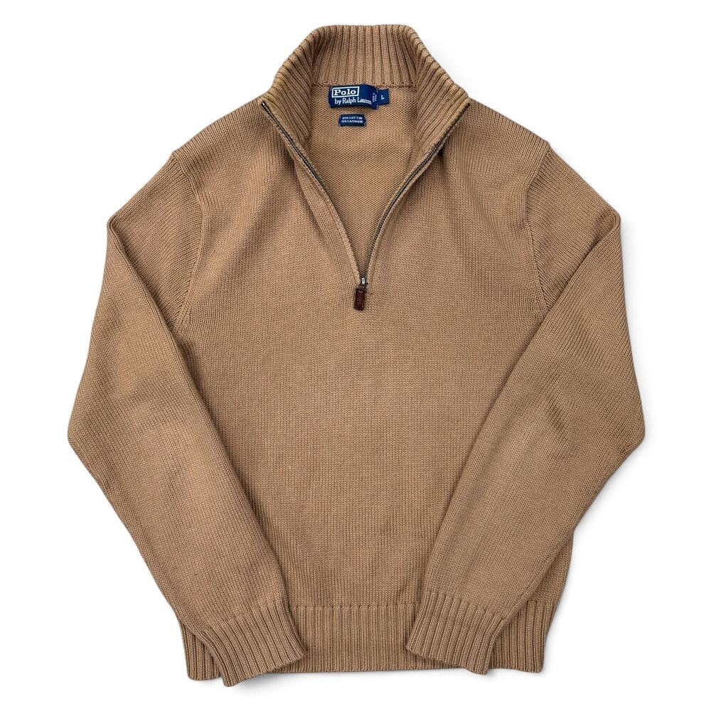 Vintage Polo Ralph Lauren Cotton Cashmere Quarter Zip Sweater Large Tan Camel Lo